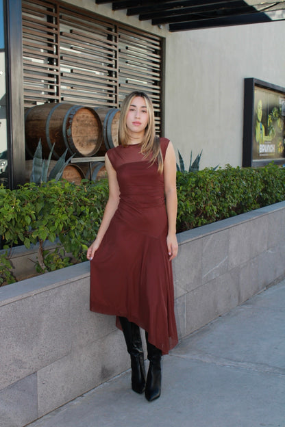 Vestido midi café tela mesh #11514