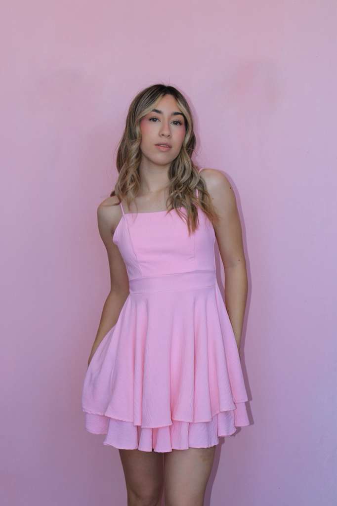 Vestido rosa corto de tirantes #11842￼