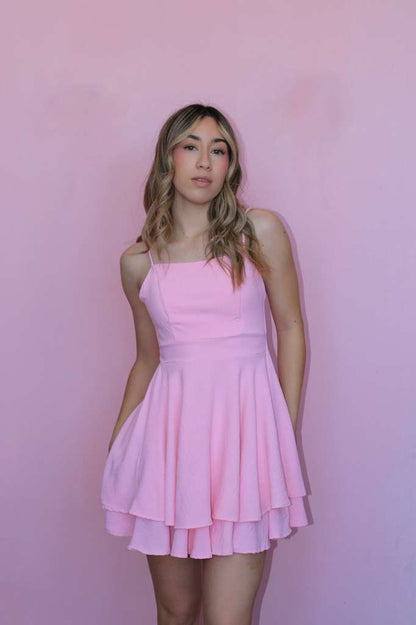 Vestido rosa corto de tirantes #11842￼