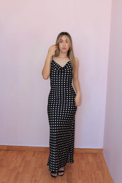 Vestido polka dots negro largo satinado #11881