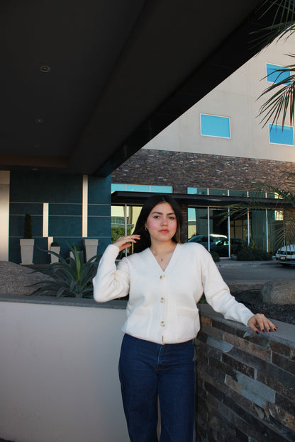 Suéter cardigan de botones blanco cuello V #11697