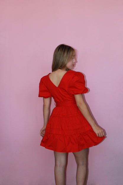 Vestido rojo corto de manga bombacha #11352