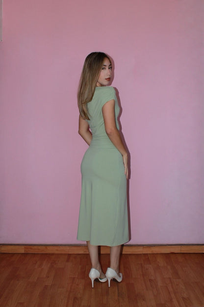 Vestido midi verde con detalle metálico #11757