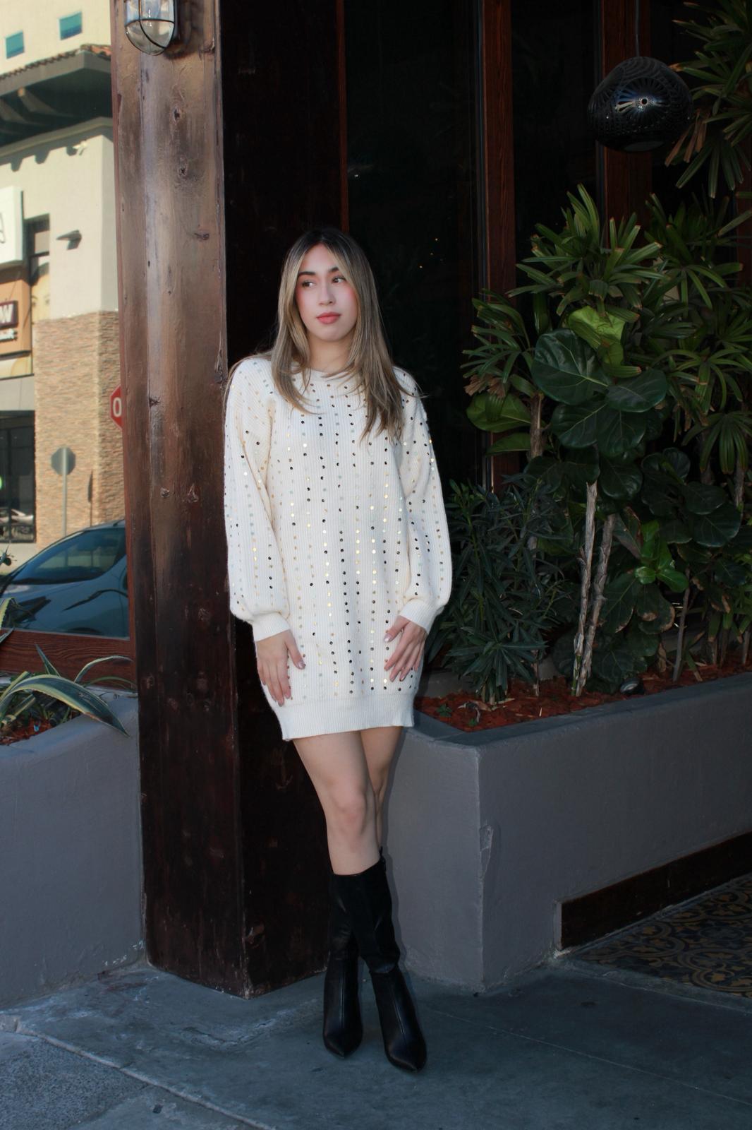 Blusón de suéter, beige con lentejuela dorada #11646￼