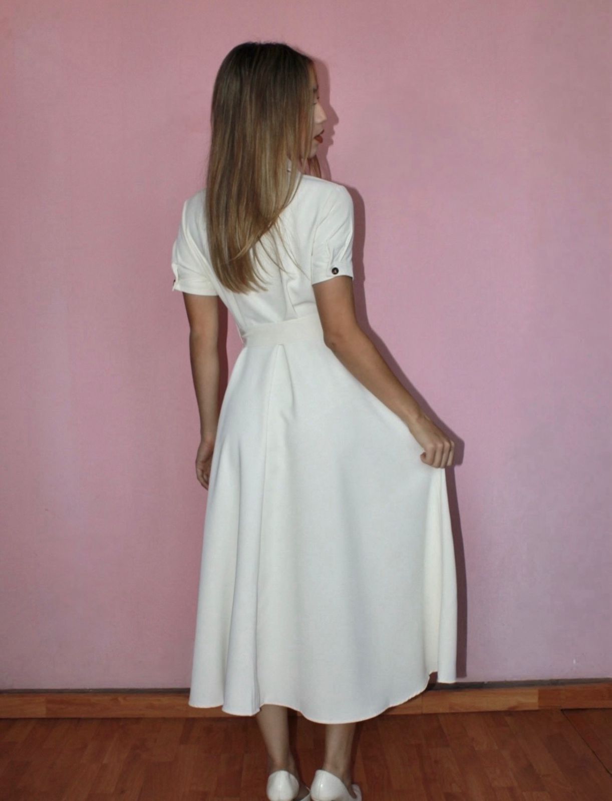 Vestido, color crema con botones, midi con manga #11756