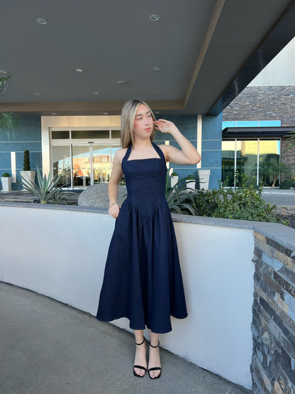 Vestido, mezclilla, oscuro, Halter mide y con vuelo #11720￼