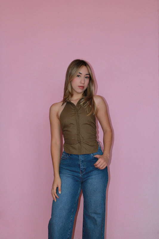 Top-camisa verde olivo halter espalda descubierta #11362
