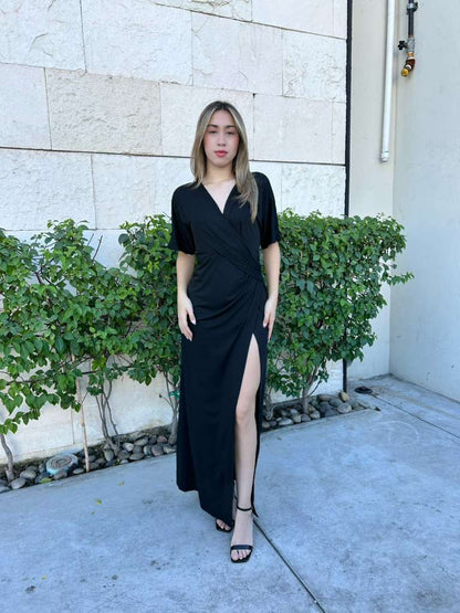 Vestido negro, largo, licra con manga#11535