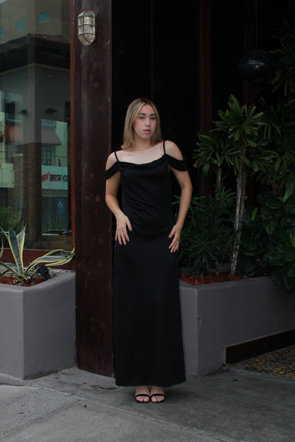 Vestido negro largo de noche con manga suelta #11472
