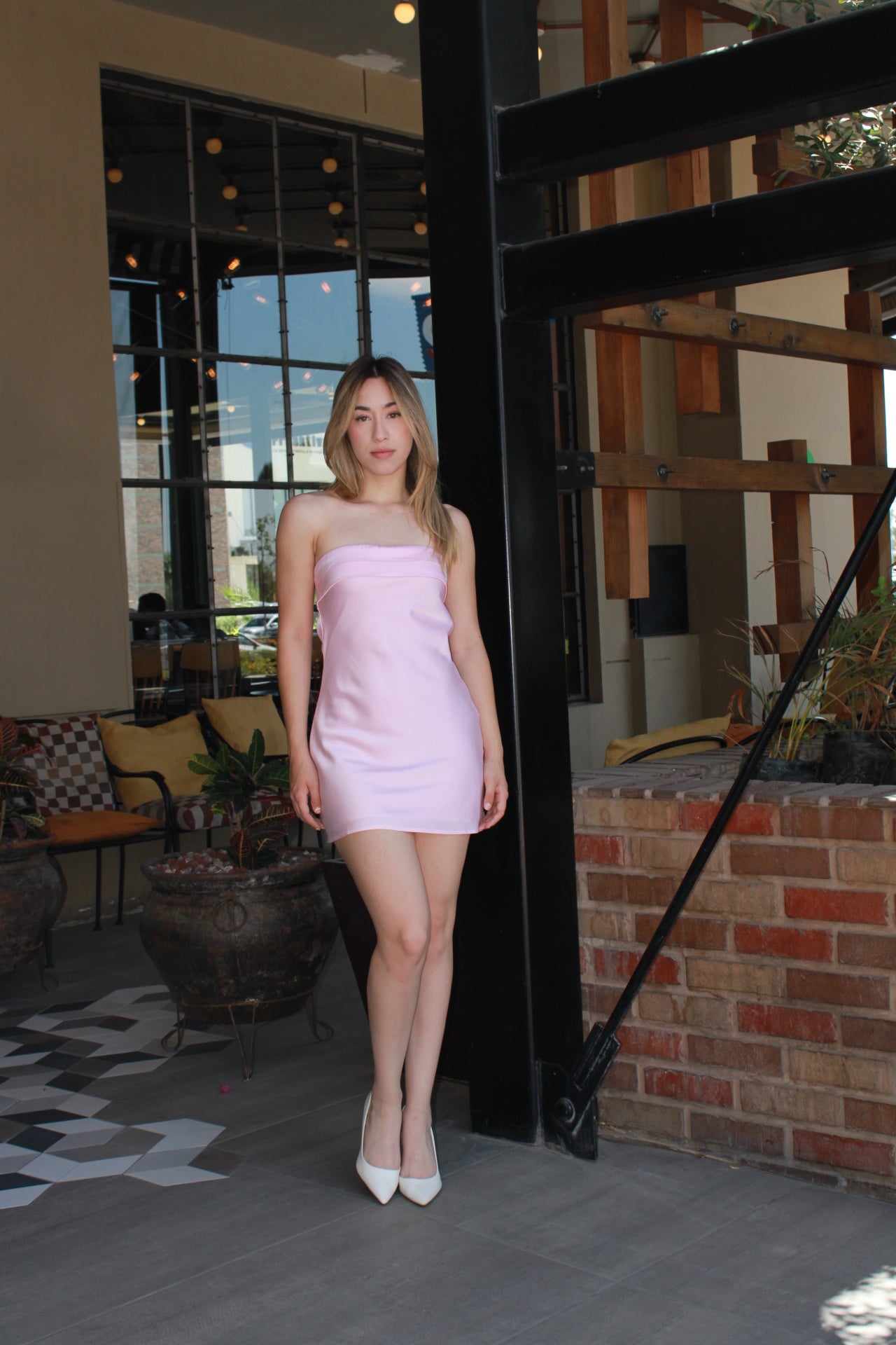 Vestido rosa pastel satinado strapless #11273