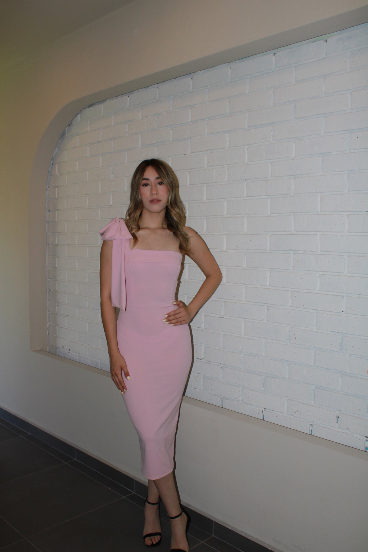 Vestido midi rosa pastel con moño #11178
