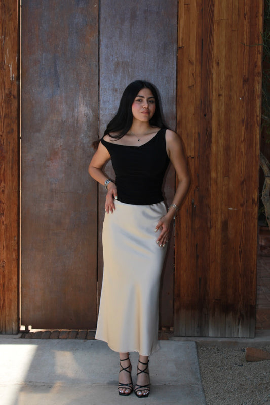 Falda satinada beige midi #11265