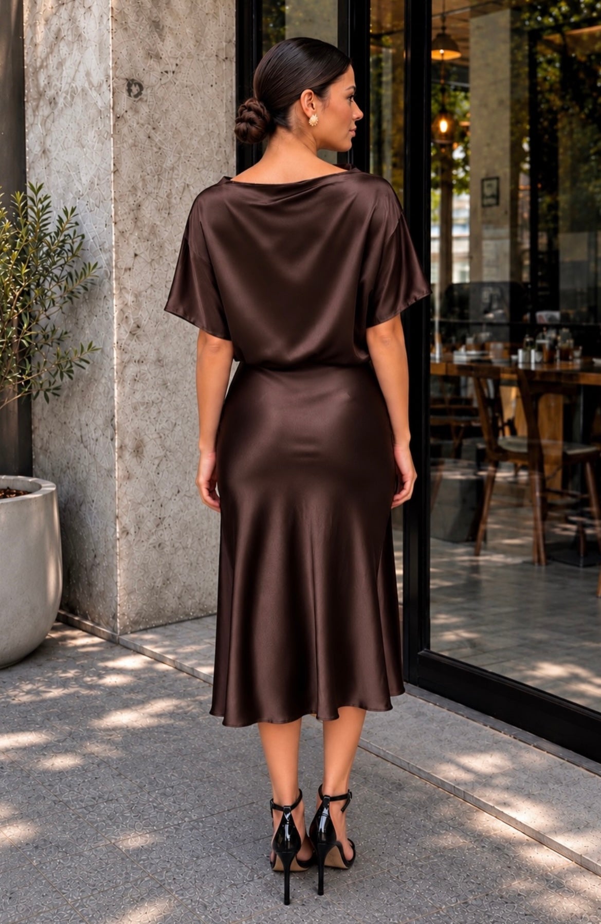 Vestido satin café midi #12041