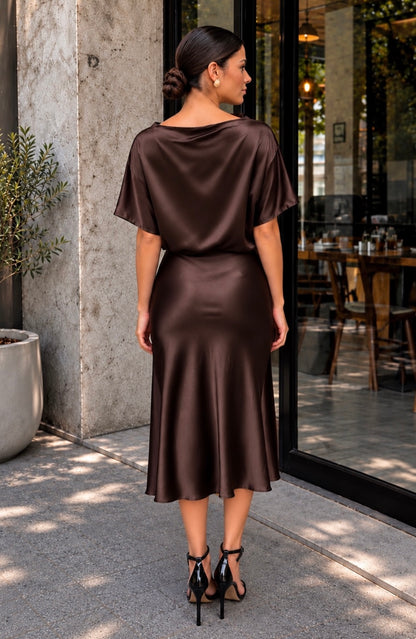 Vestido satin café midi #12041
