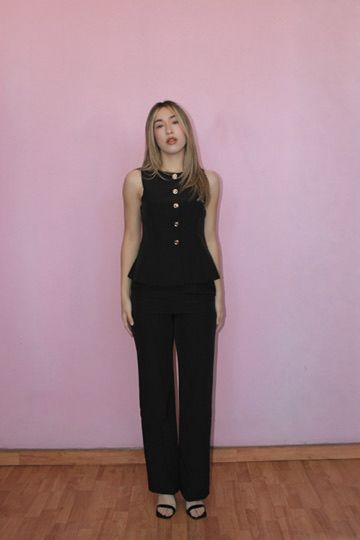 Set negro de dos piezas con chaleco de botones dorado #11786