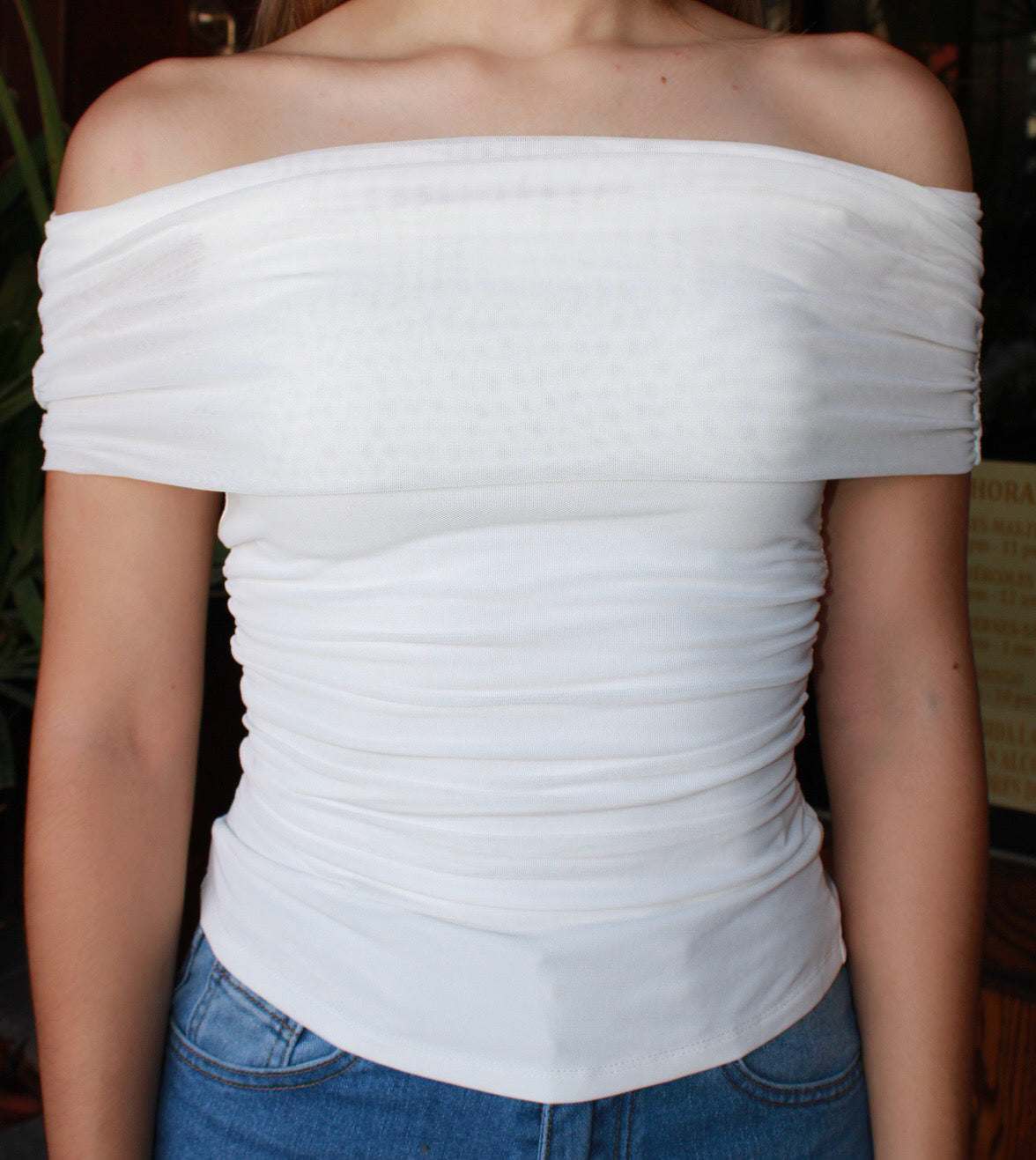 Blusa blanca manga corta shoulder  mesh #11446