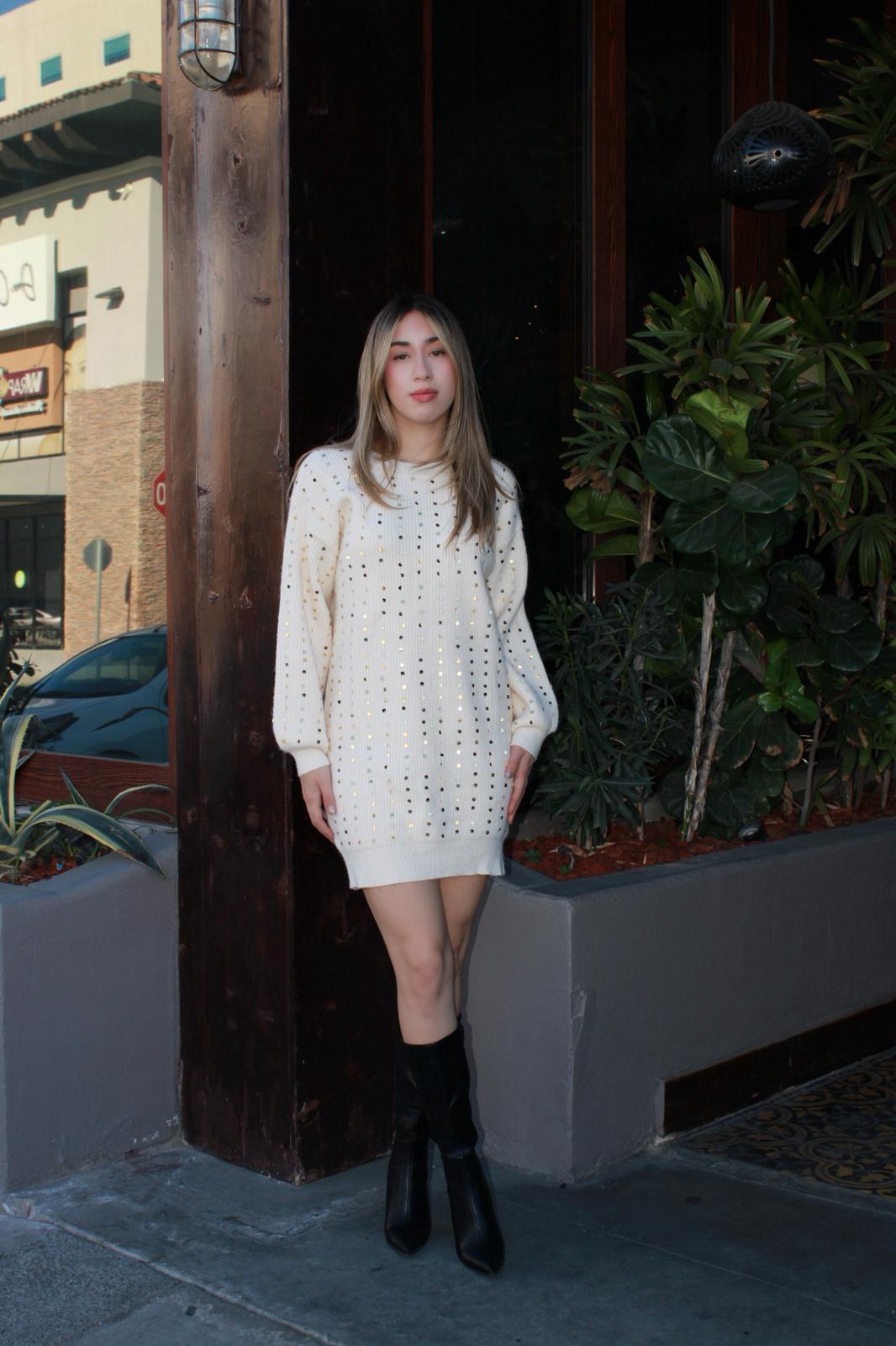 Blusón de suéter, beige con lentejuela dorada #11646￼