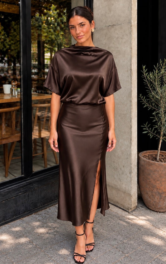 Vestido satin café midi #12041