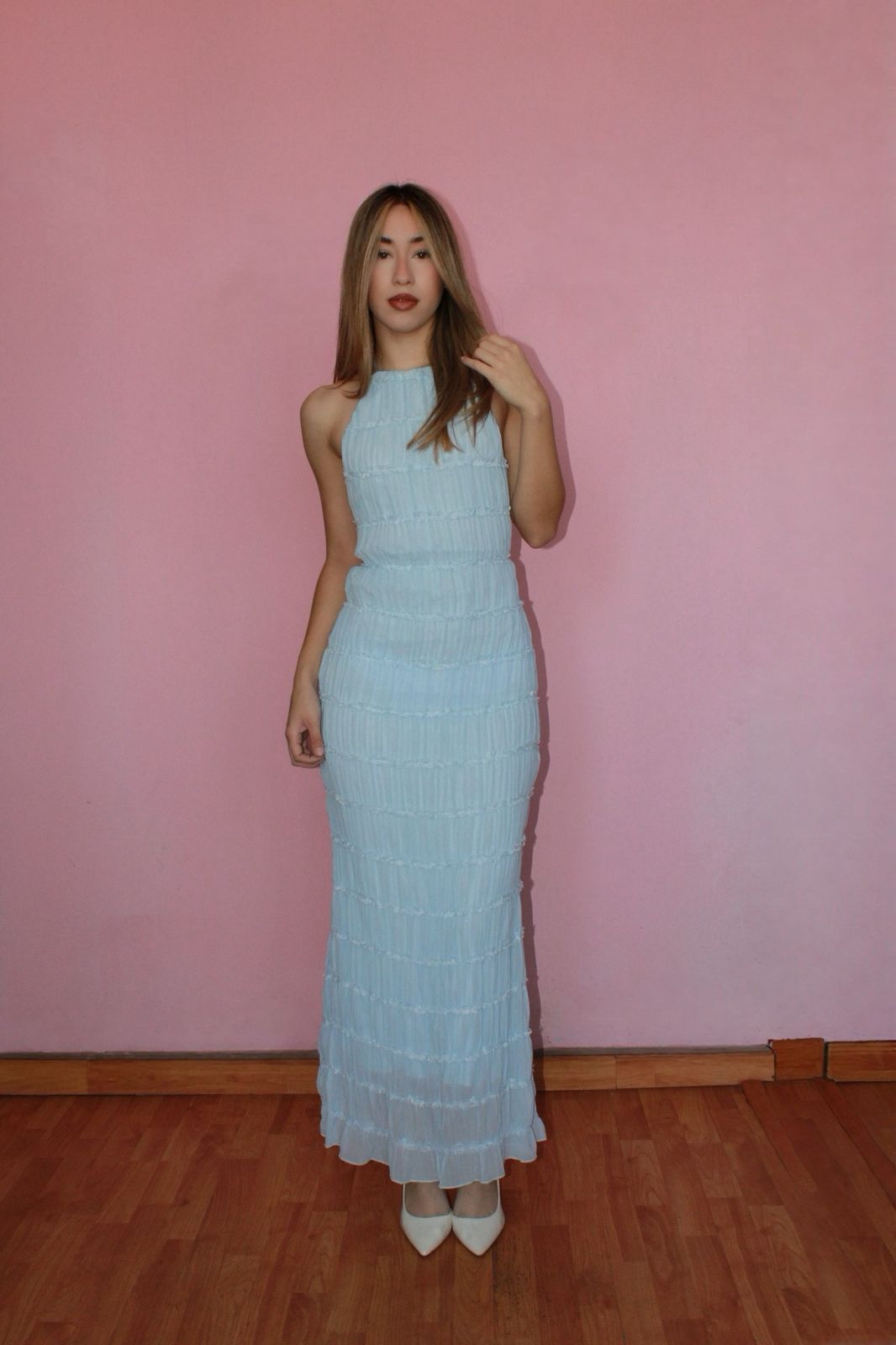 Vestido, holter, largo, azul, cielo, espalda, descubierta #11769￼