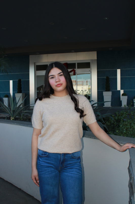 Blusa manga, corta de suéter, beige #11676￼