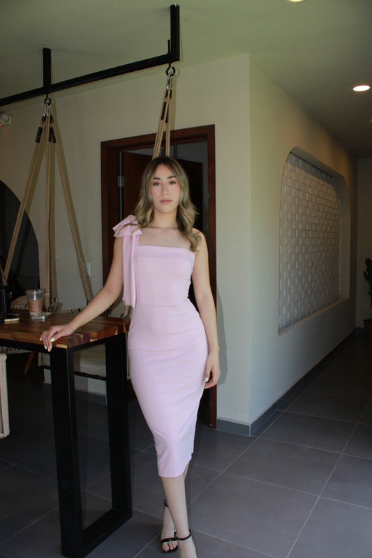 Vestido midi rosa pastel con moño #11178