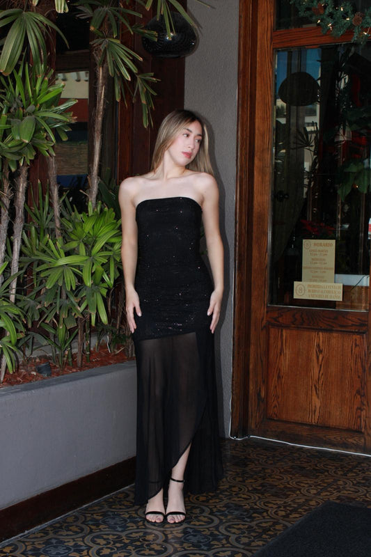 Vestido, scrapple negro, con brillos y transparente. Abajo. #11630