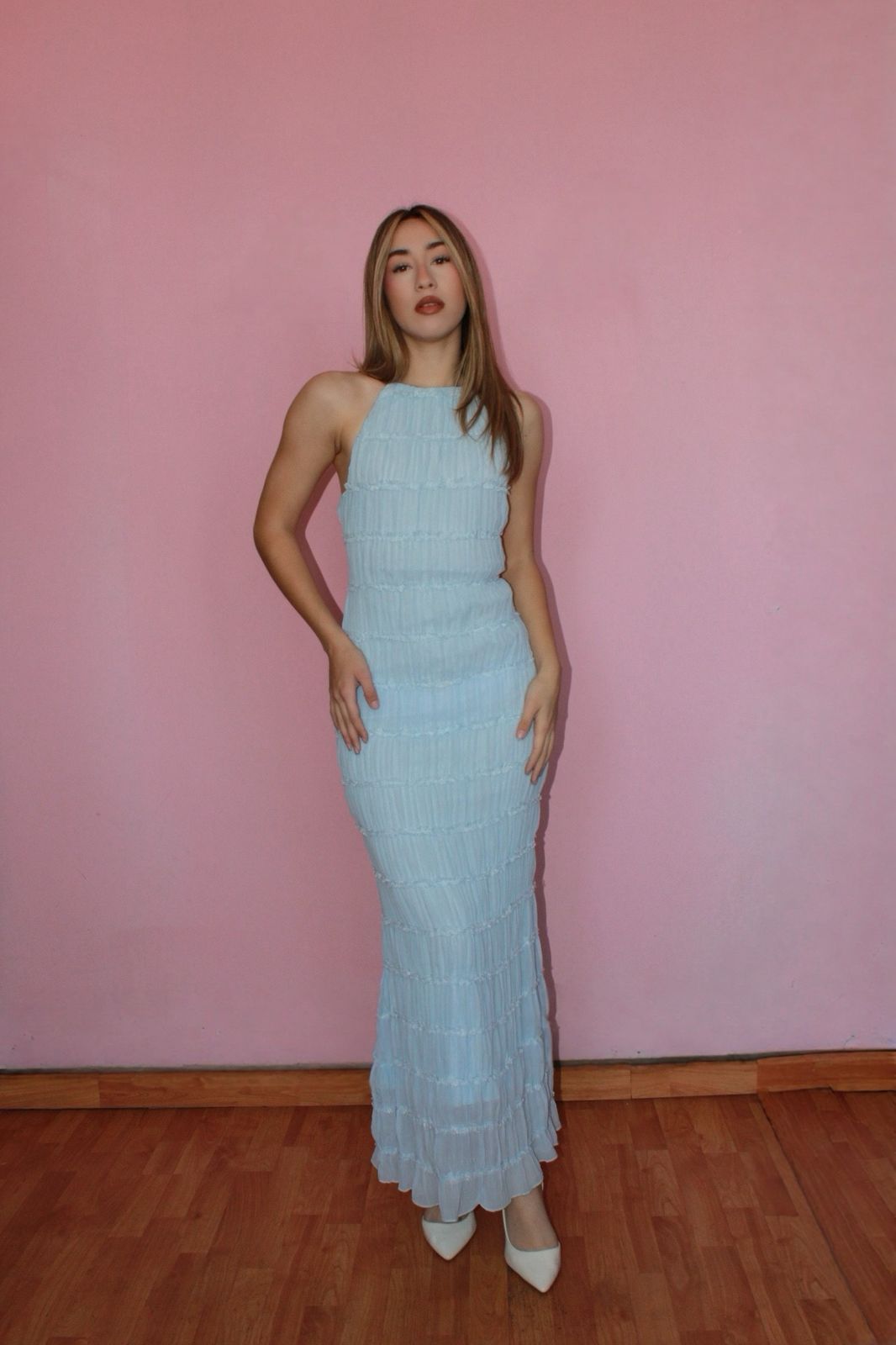 Vestido, holter, largo, azul, cielo, espalda, descubierta #11769￼