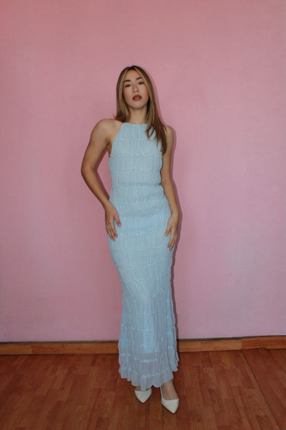 Vestido, holter, largo, azul, cielo, espalda, descubierta #11769￼