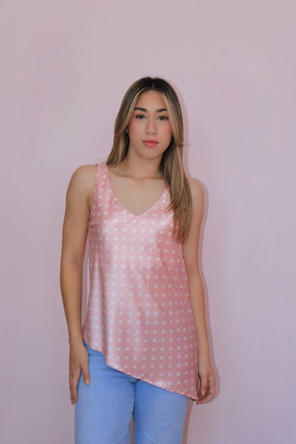Blusa polka dots rosa asimétrica satin #11884