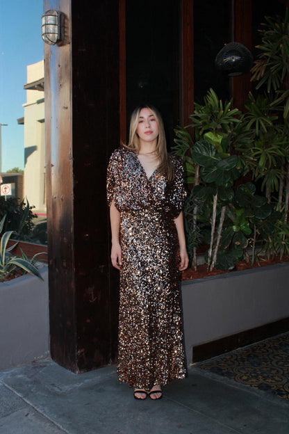 Vestido largo de lentejuela, color dorado, cobre ￼#11632