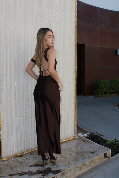 Vestido café midi  satinado #11497