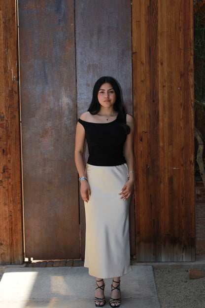 Falda satinada beige midi #11265