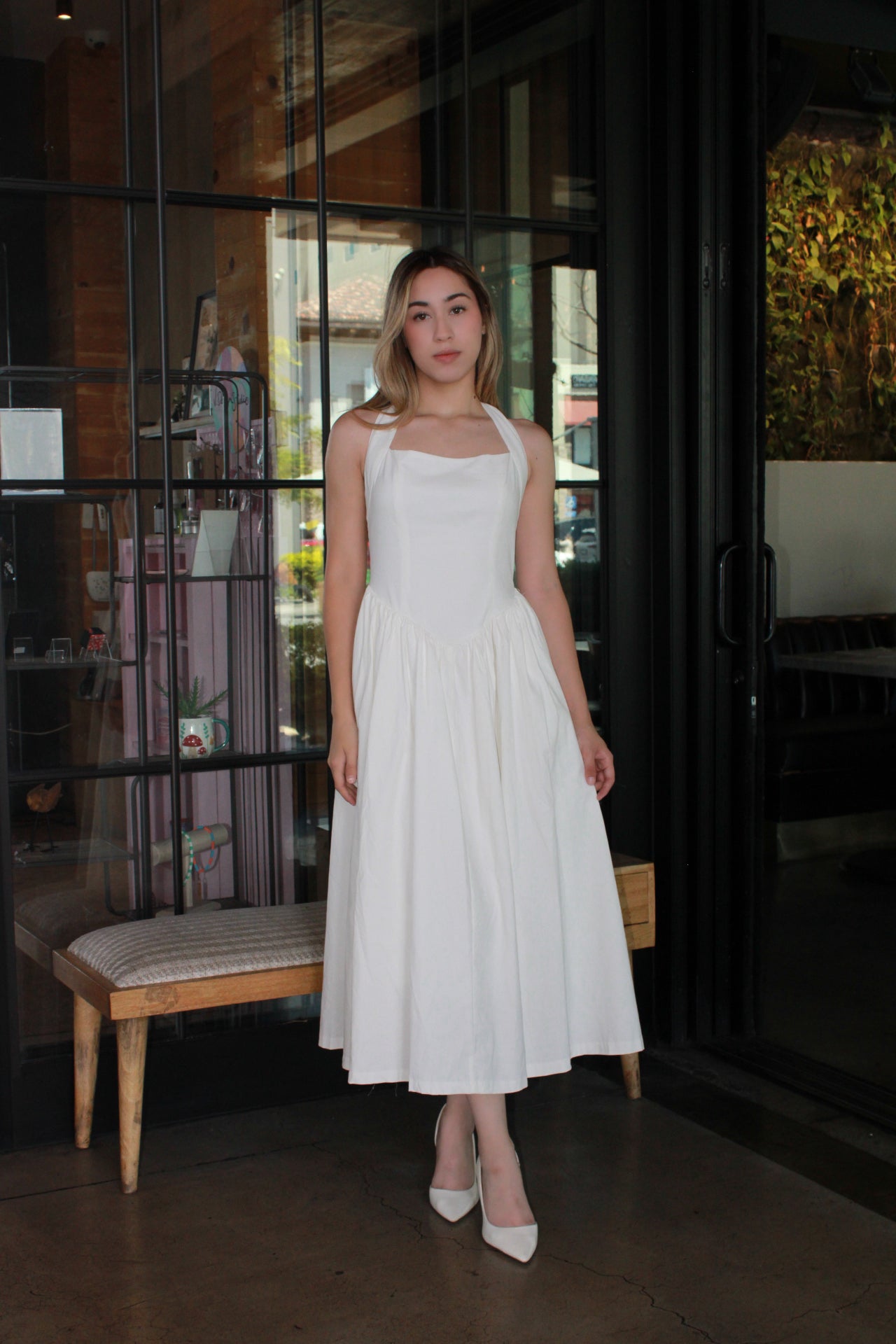 Vestido Blanco Largo corte globo halter #11322
