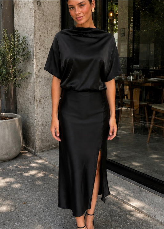 Vestido negro satin c/ manga #12001
