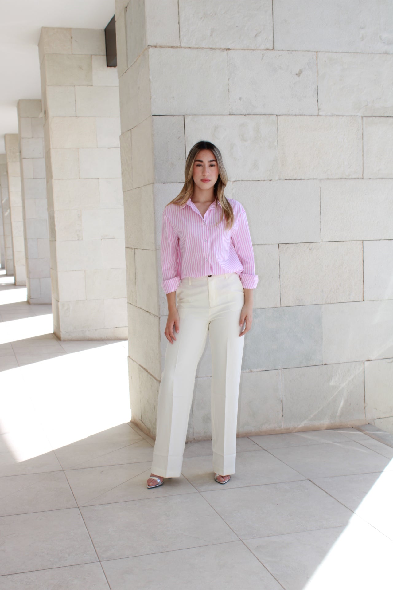 Camisa rayada rosa larga #10105