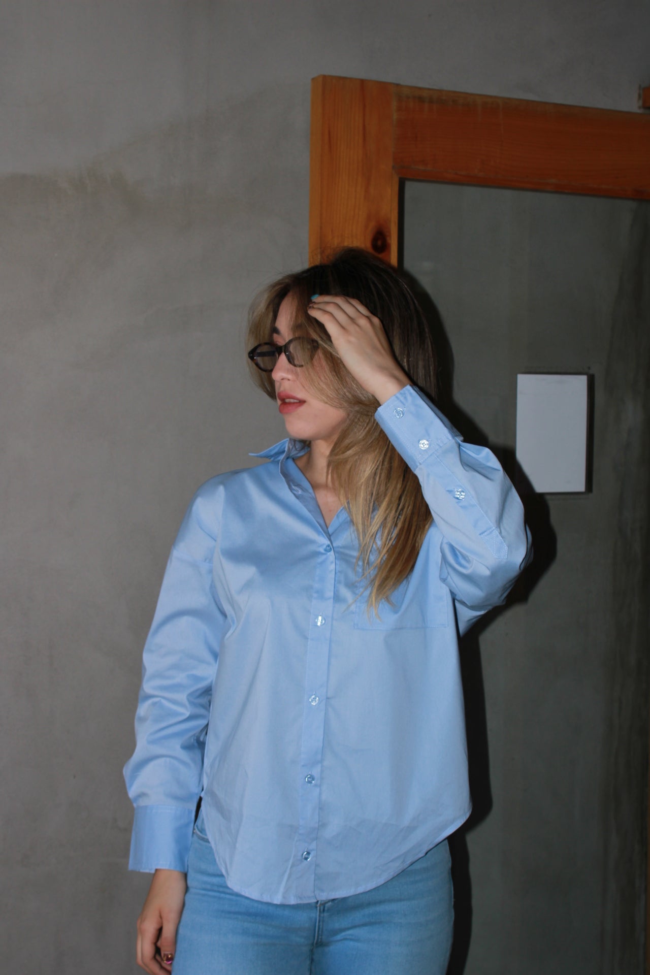 Camisa azul botones manga larga #11052