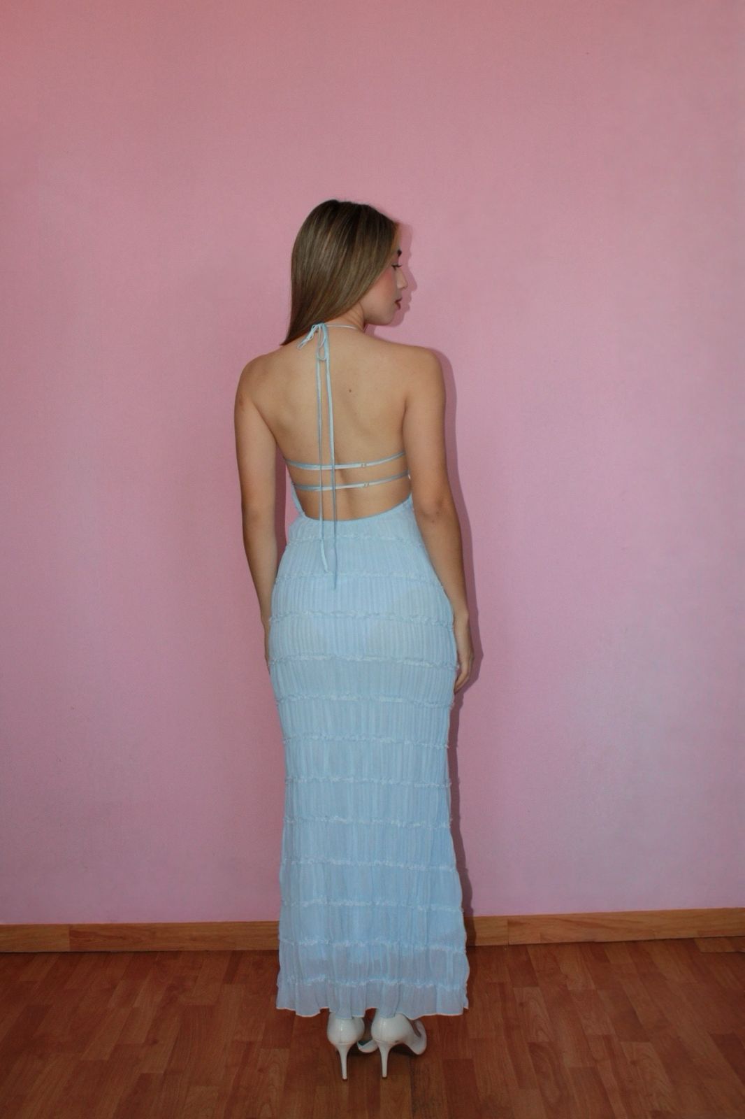 Vestido, holter, largo, azul, cielo, espalda, descubierta #11769￼