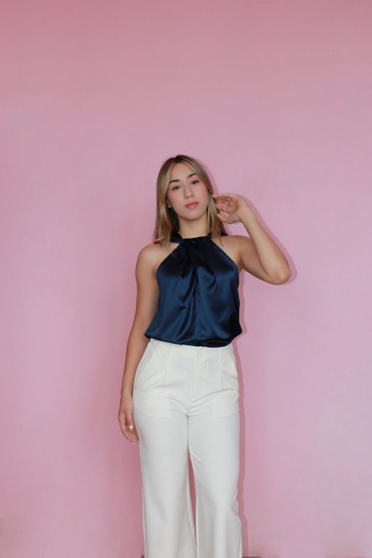 Blusa azul marino satinada halter #11367