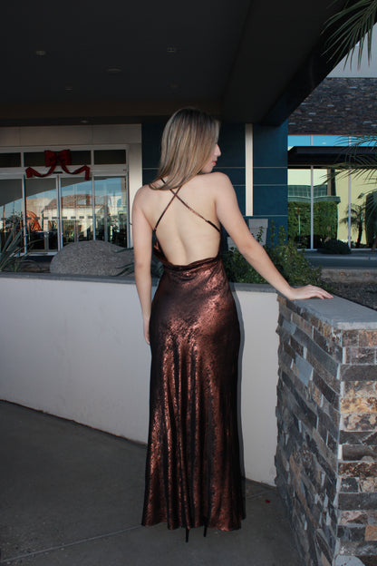 Vestido largo café brilloso #11668