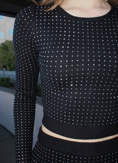 Set de falda, corta y suéter negro con brillos #11696￼