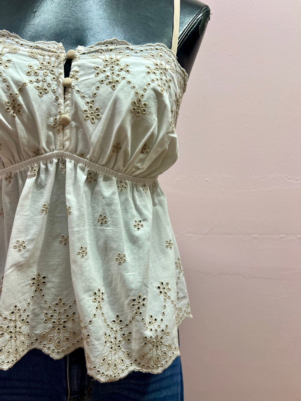 Blusa blanca con detalle café #11914￼
