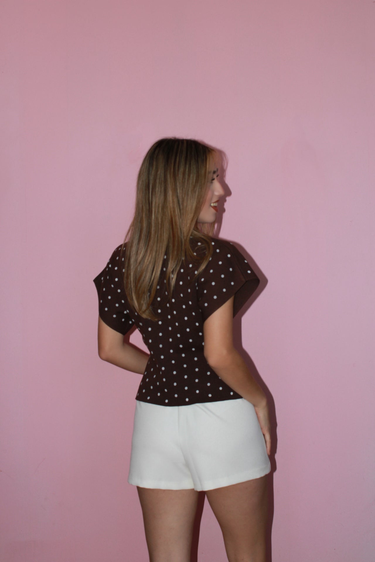 Blusa café c bolitas crema (botones dorado) #11741