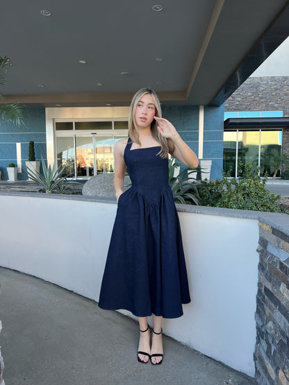 Vestido, mezclilla, oscuro, Halter mide y con vuelo #11720￼