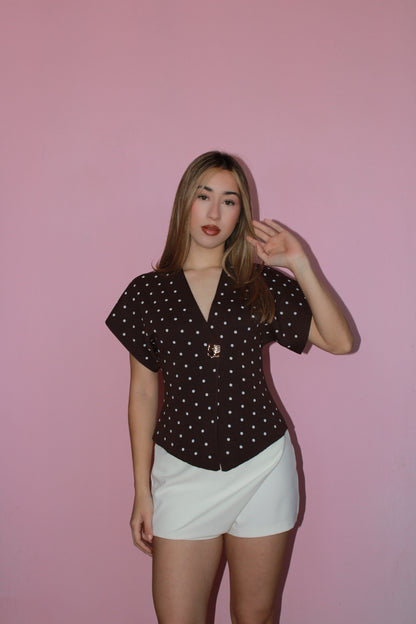 Blusa café c bolitas crema (botones dorado) #11741