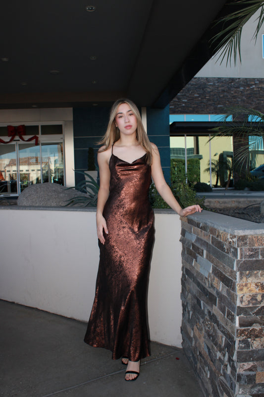 Vestido largo café brilloso #11668