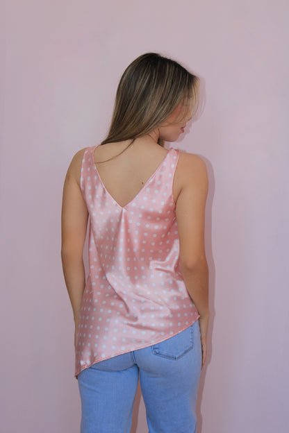 Blusa polka dots rosa asimétrica satin #11884