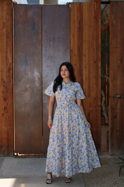 Vestido floreado beige c azul de manga #11256