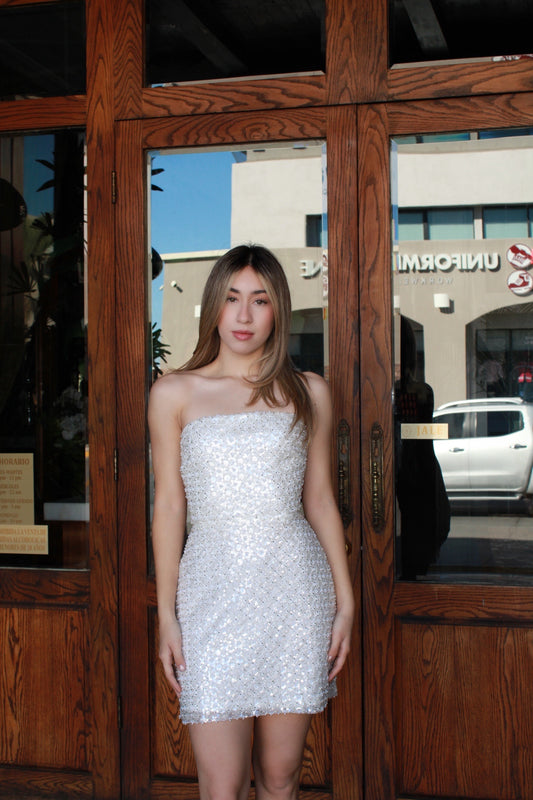 Vestido blanco strapless corto c brillos #11574