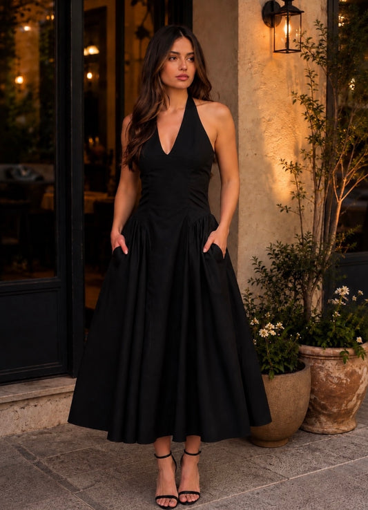 Vestido negro largo halter #12004