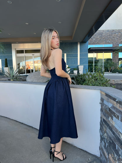 Vestido, mezclilla, oscuro, Halter mide y con vuelo #11720￼